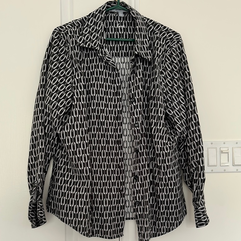 Black and White Patterned Button-Up Blouse